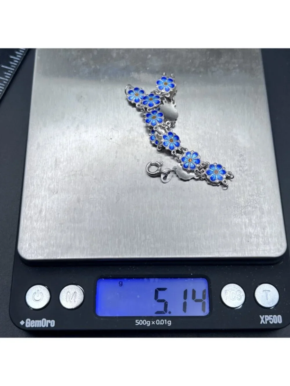 Vintage Sterling Silver Blue Enamel Forget-Me-Not Panel Link Bracelet 7.5